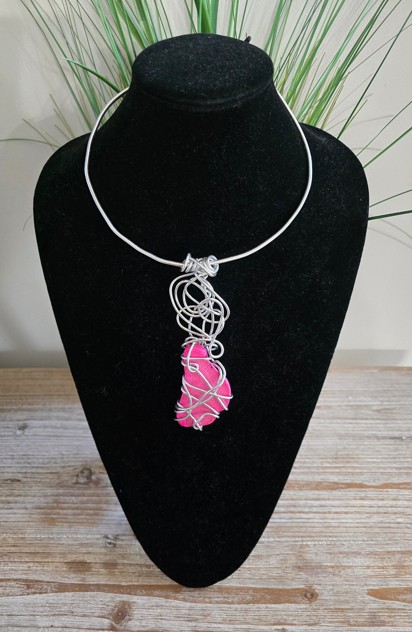 Handmade Choker With Wire Wrapped Pink Stone
