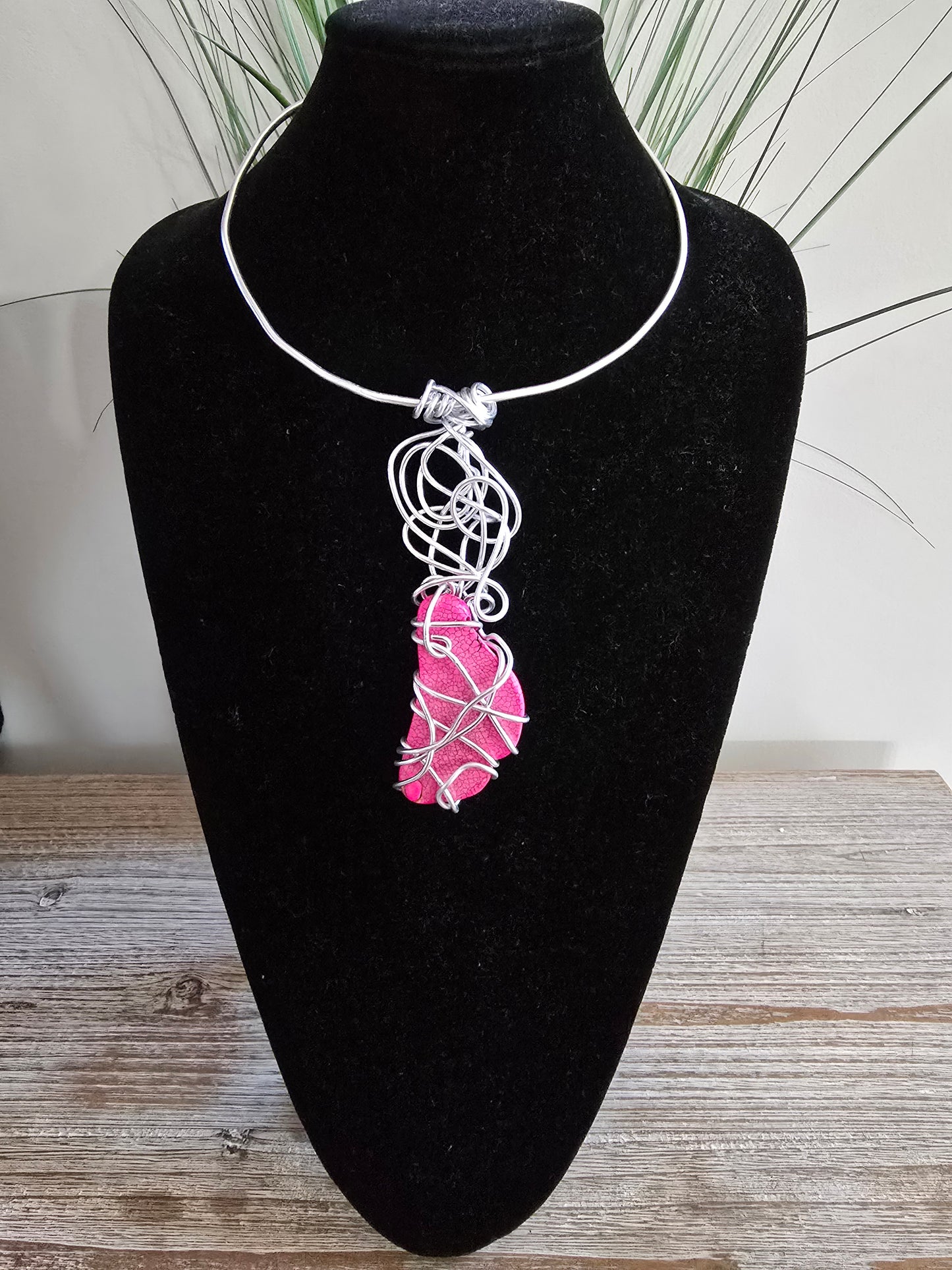 Handmade Choker With Wire Wrapped Pink Stone