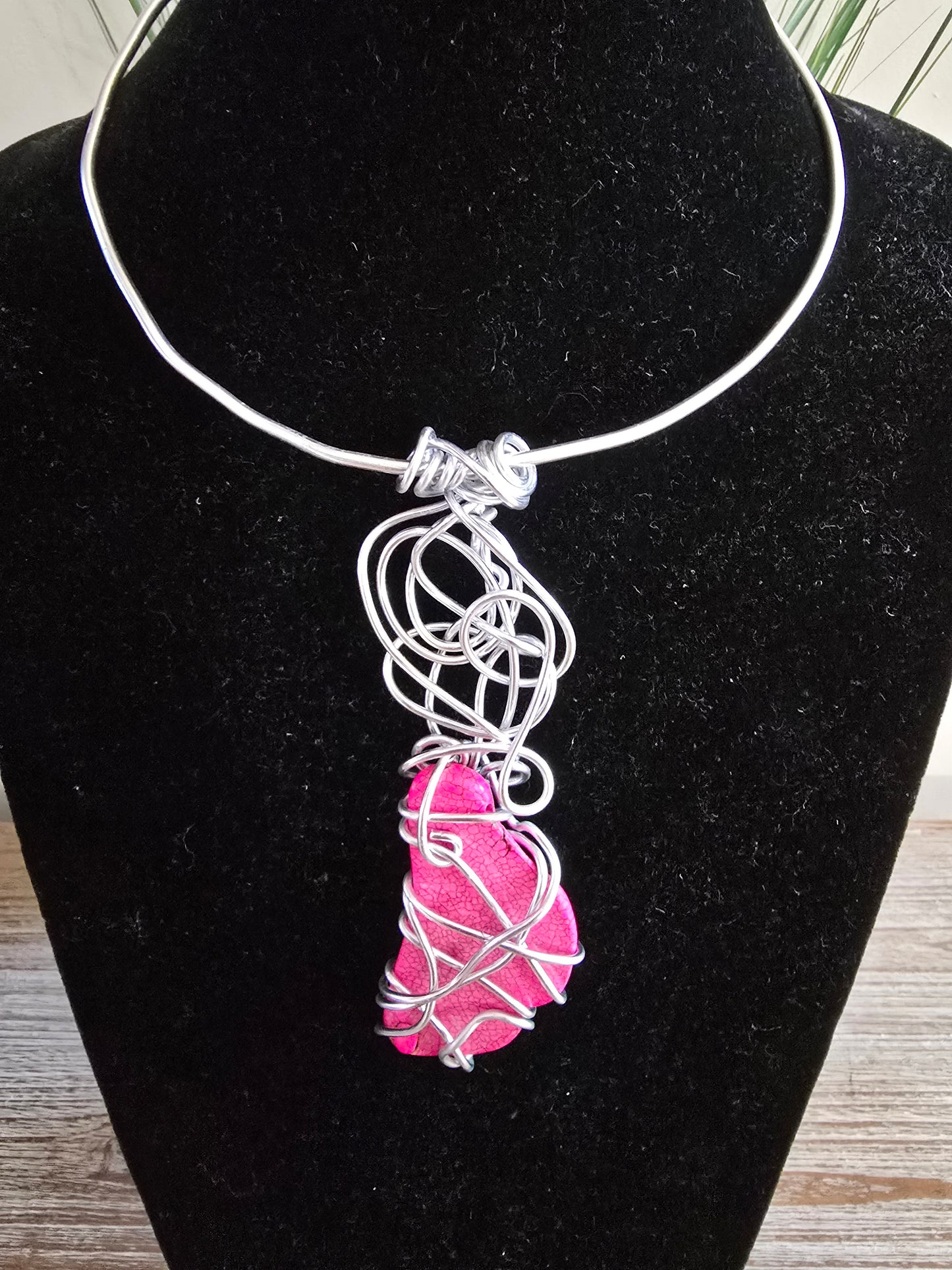 Handmade Choker With Wire Wrapped Pink Stone
