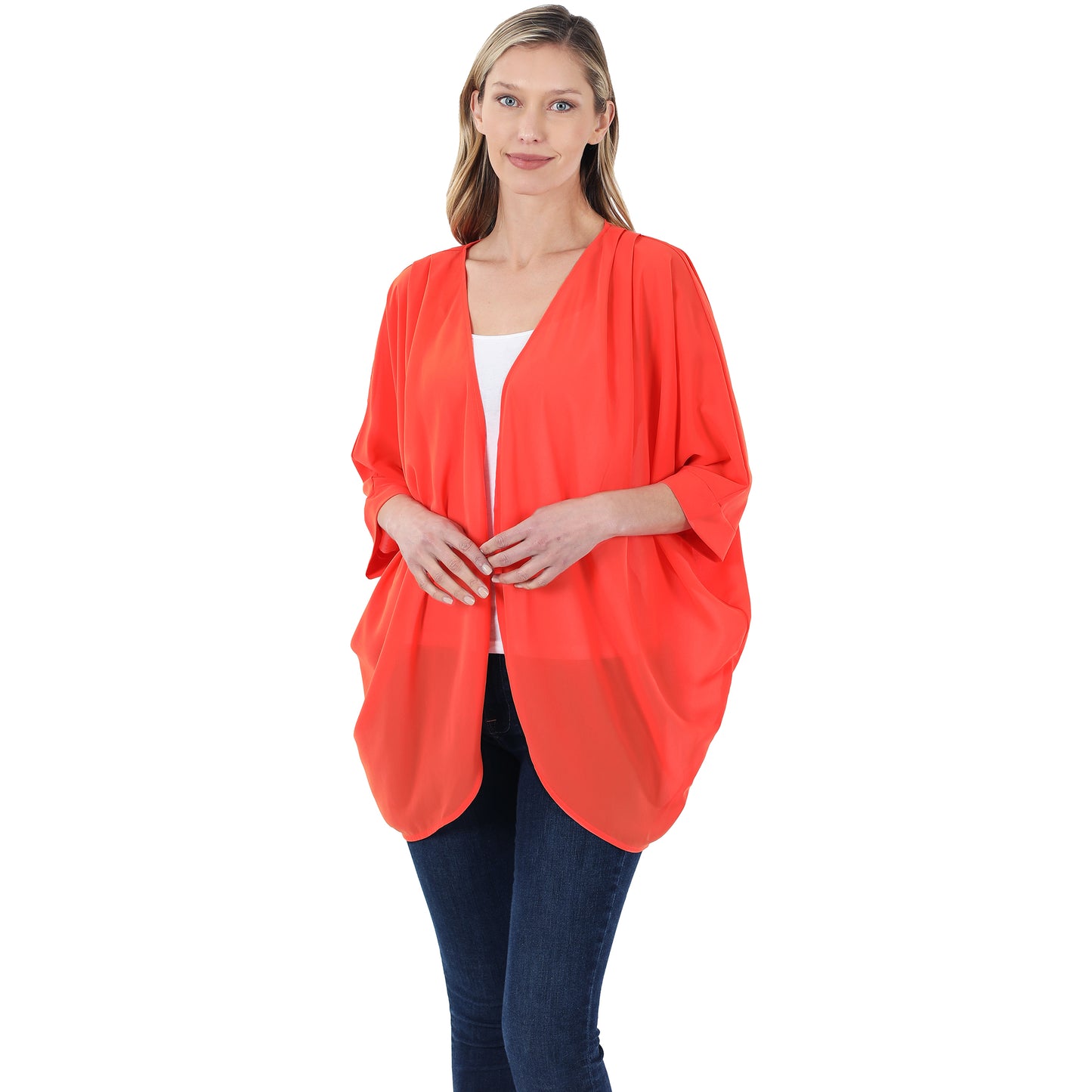 Chiffon Orange Kimono With Shoulder Pleat