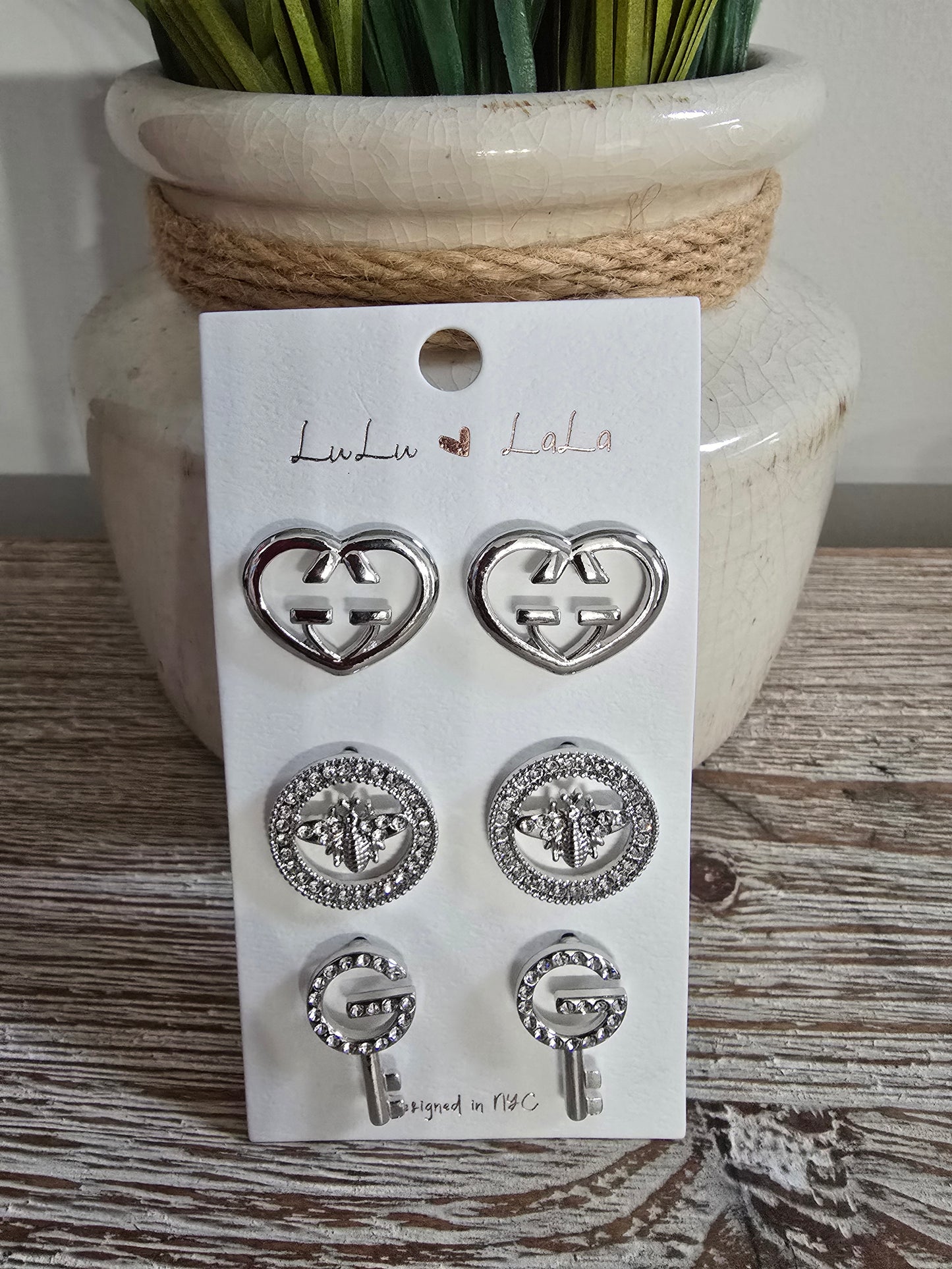 Heart, Bee, & Key Silver Trio Earrings Set