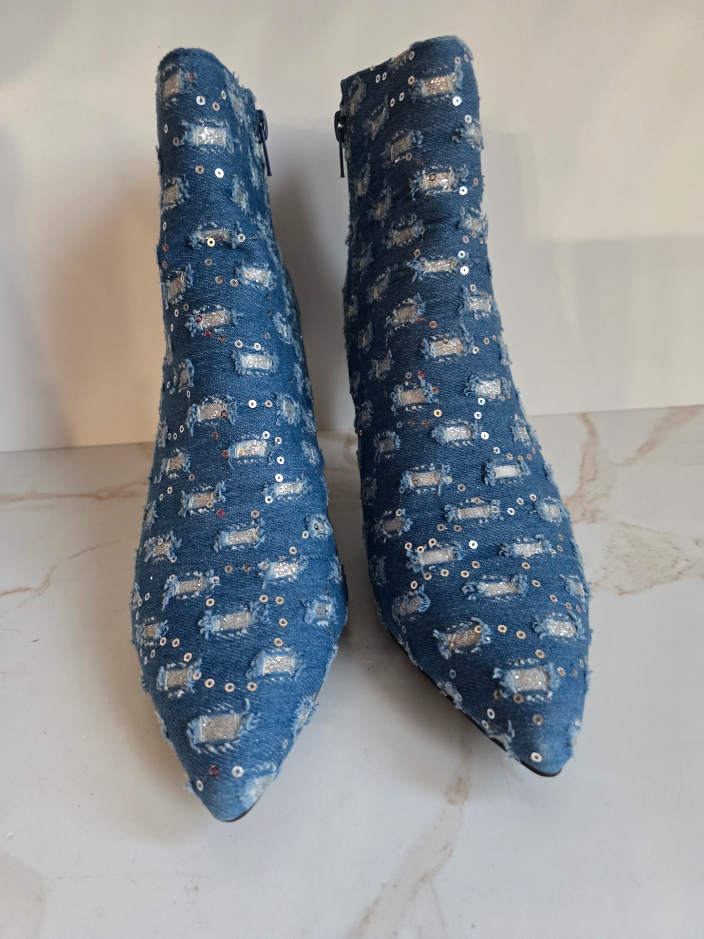 Rouge Denim & Sequin Pointy Toe Ankle Boots Sz 12