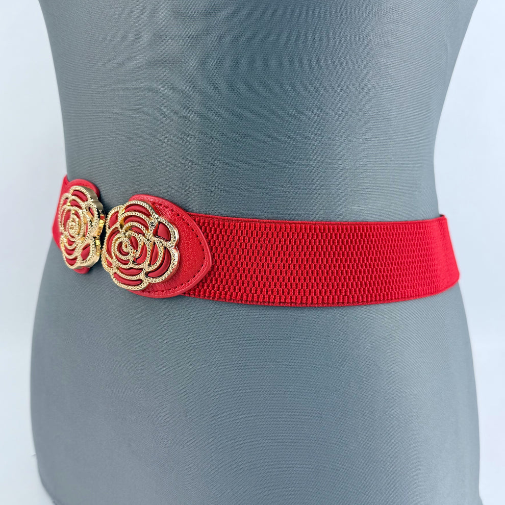 Red Flower Buckle Stretch Belt Fits Up To Sz 2X