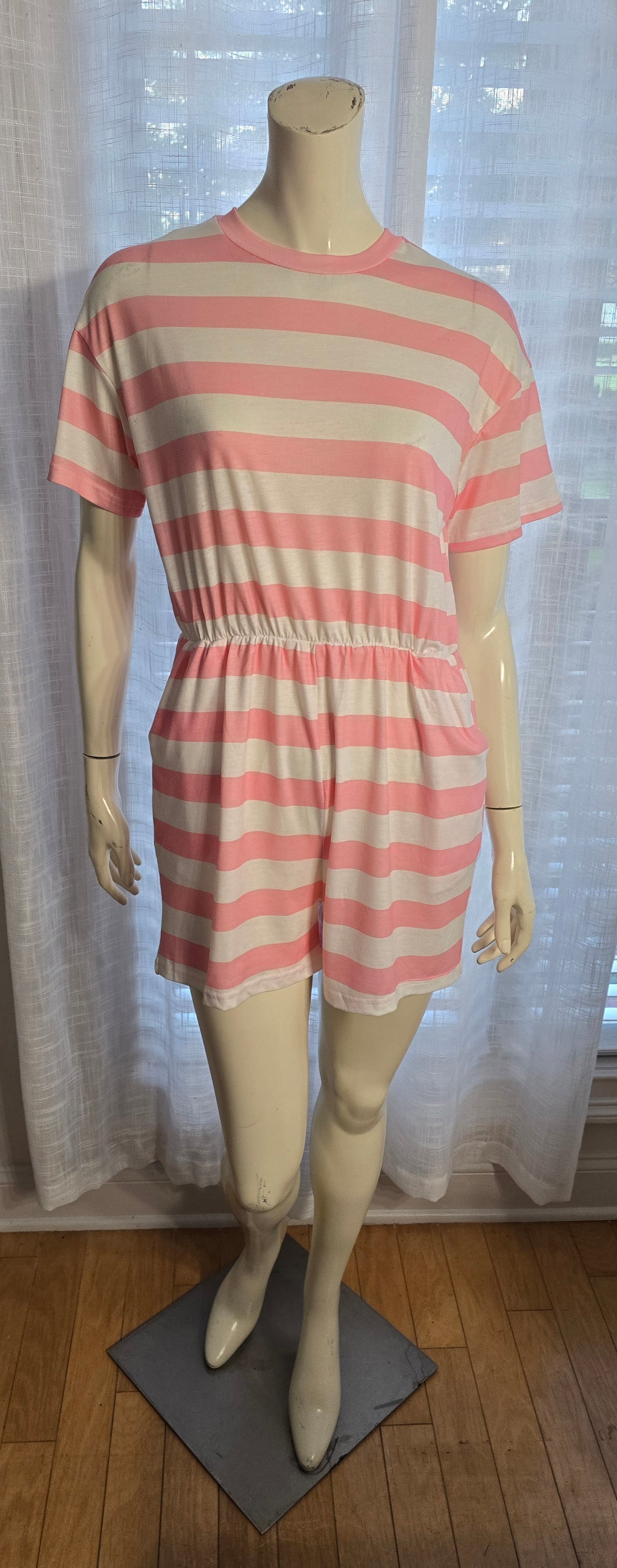 Pink & White Striped Romper Sz XL (best fit L)