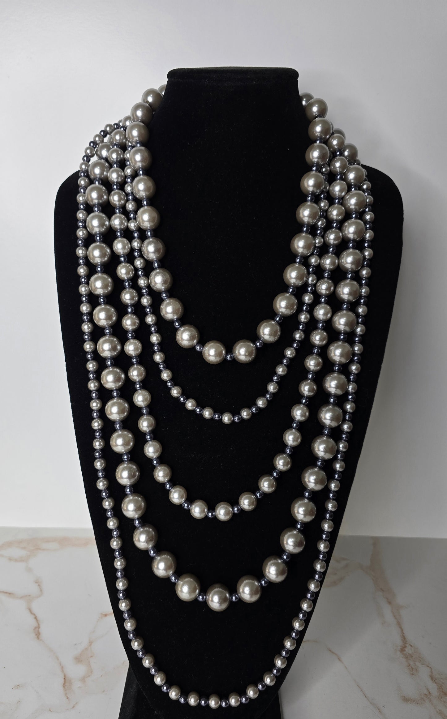 Grey Two-Toned Faux Pearl Tiered Necklace
