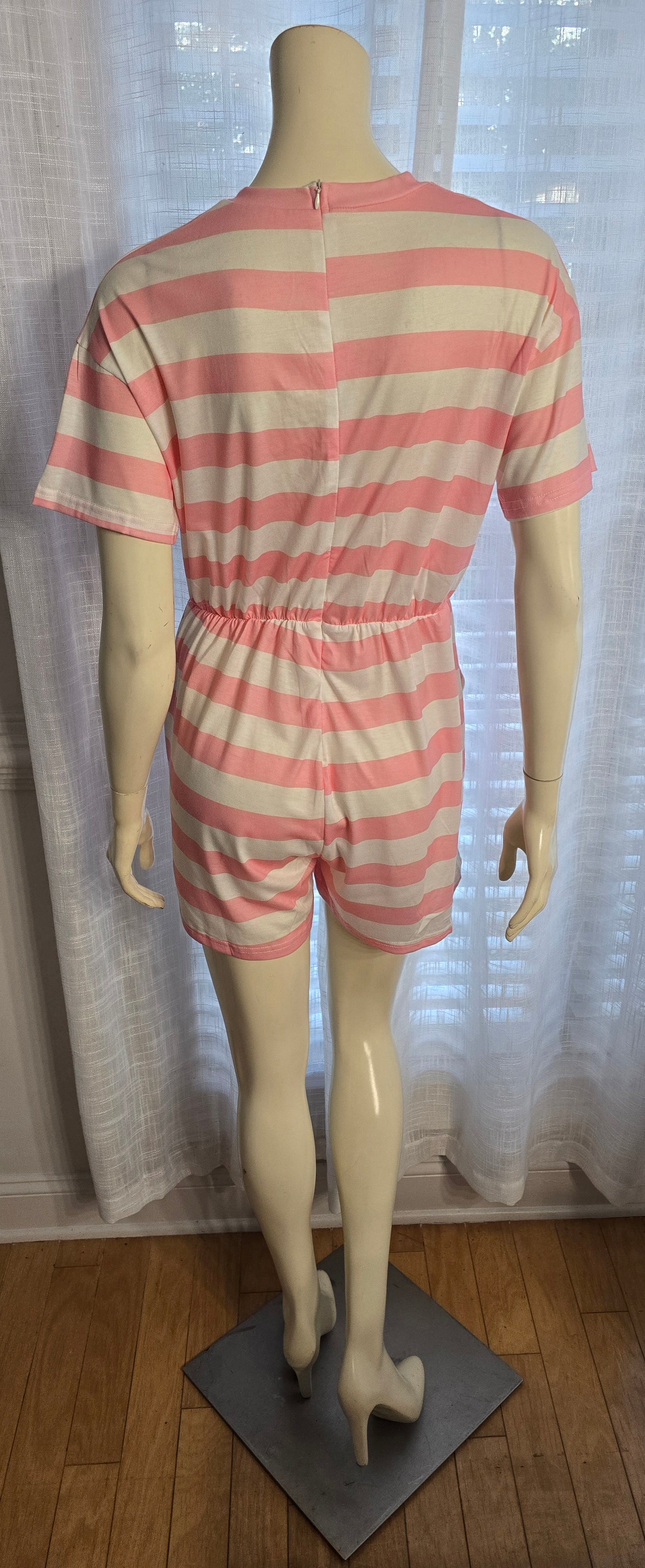 Pink & White Striped Romper Sz XL (best fit L)