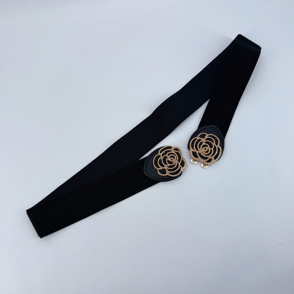 Black Flower Buckle Stretch Belt Fits Up To Sz 2X