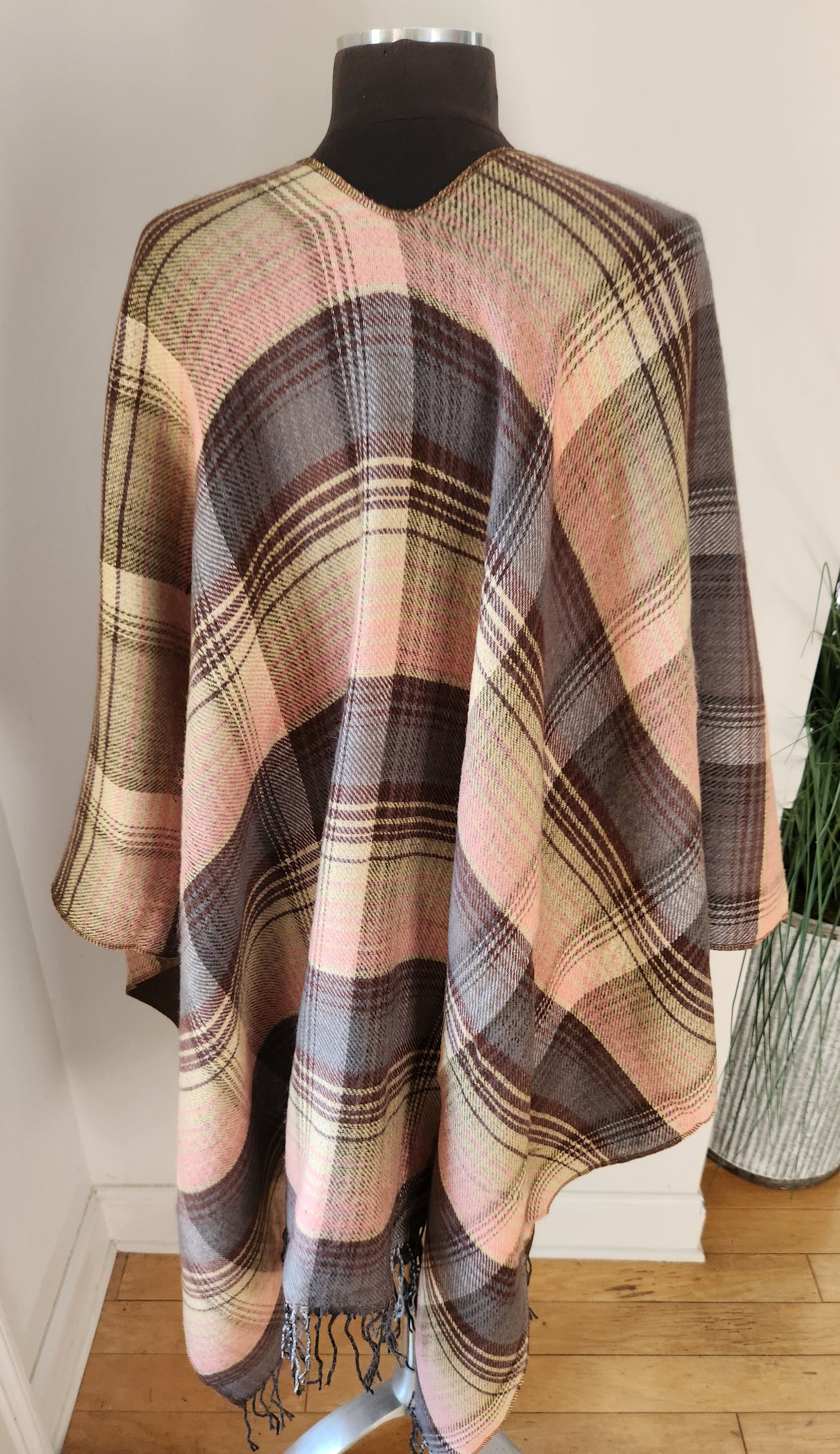 Plaid Pink & Brown Shawl One Size
