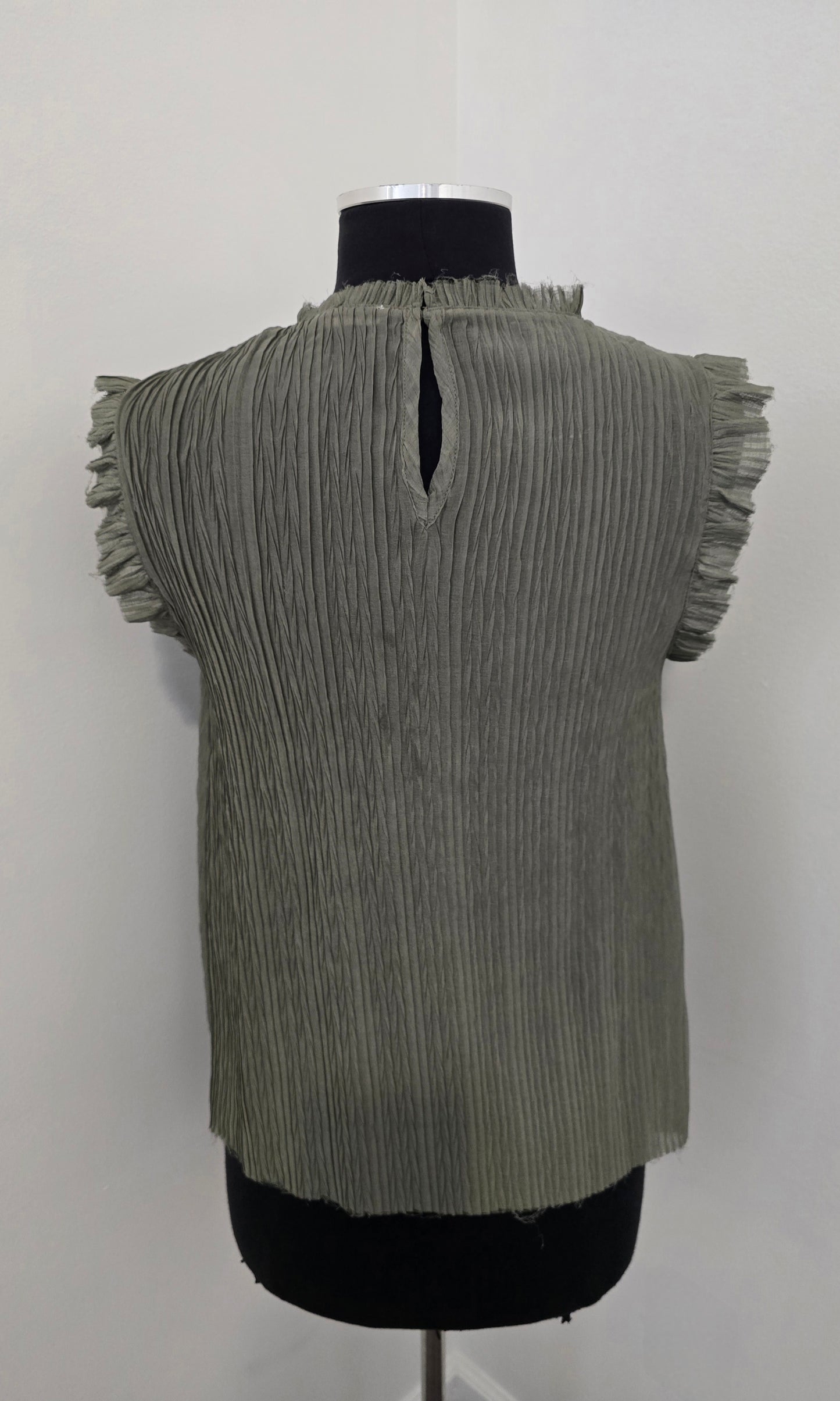 Semi Sheer Olive Ruffled Blouse Sz S (fits up to L)