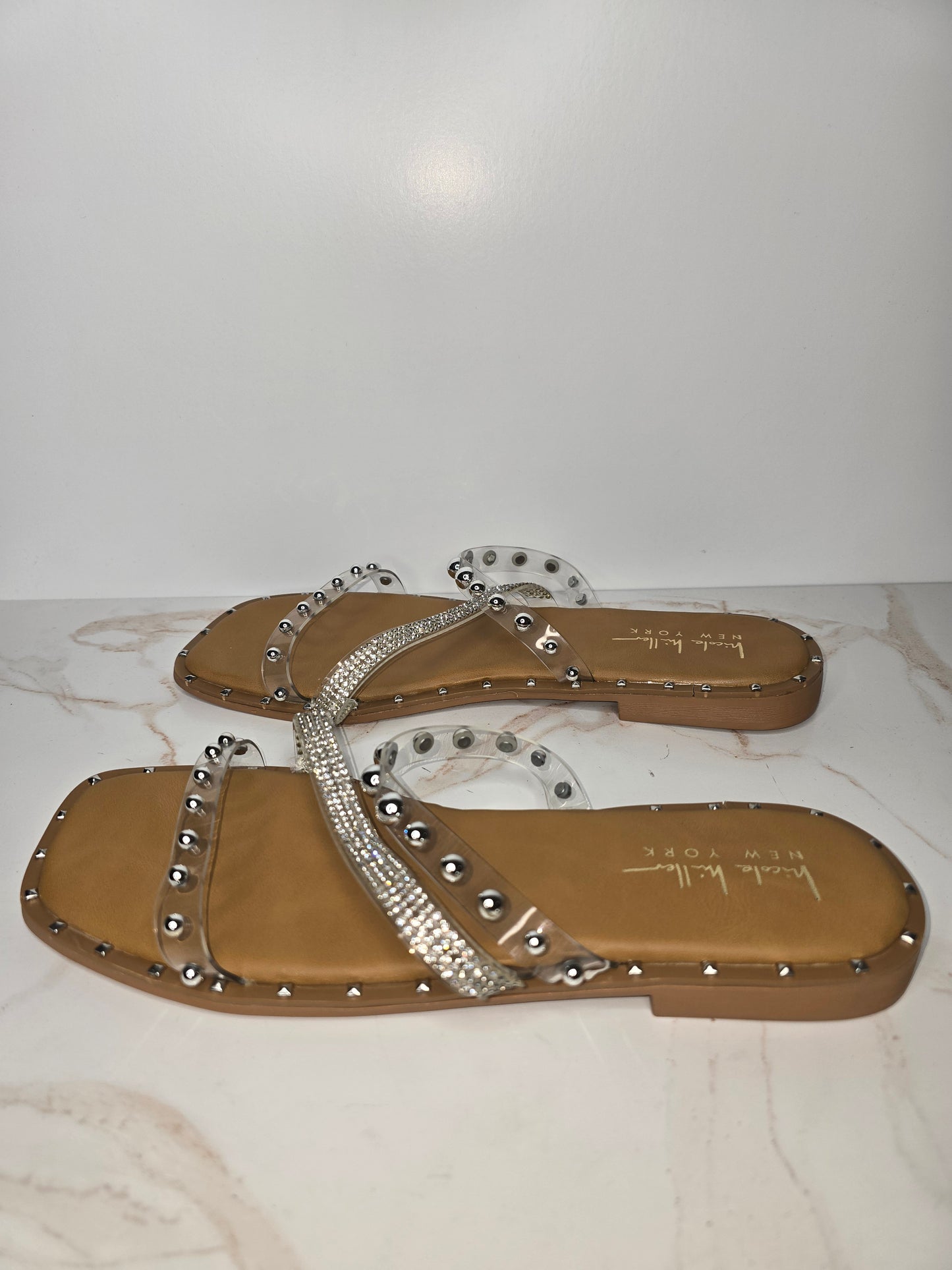 Nicole Miller Studded Clear Flat Sandals Sz 8