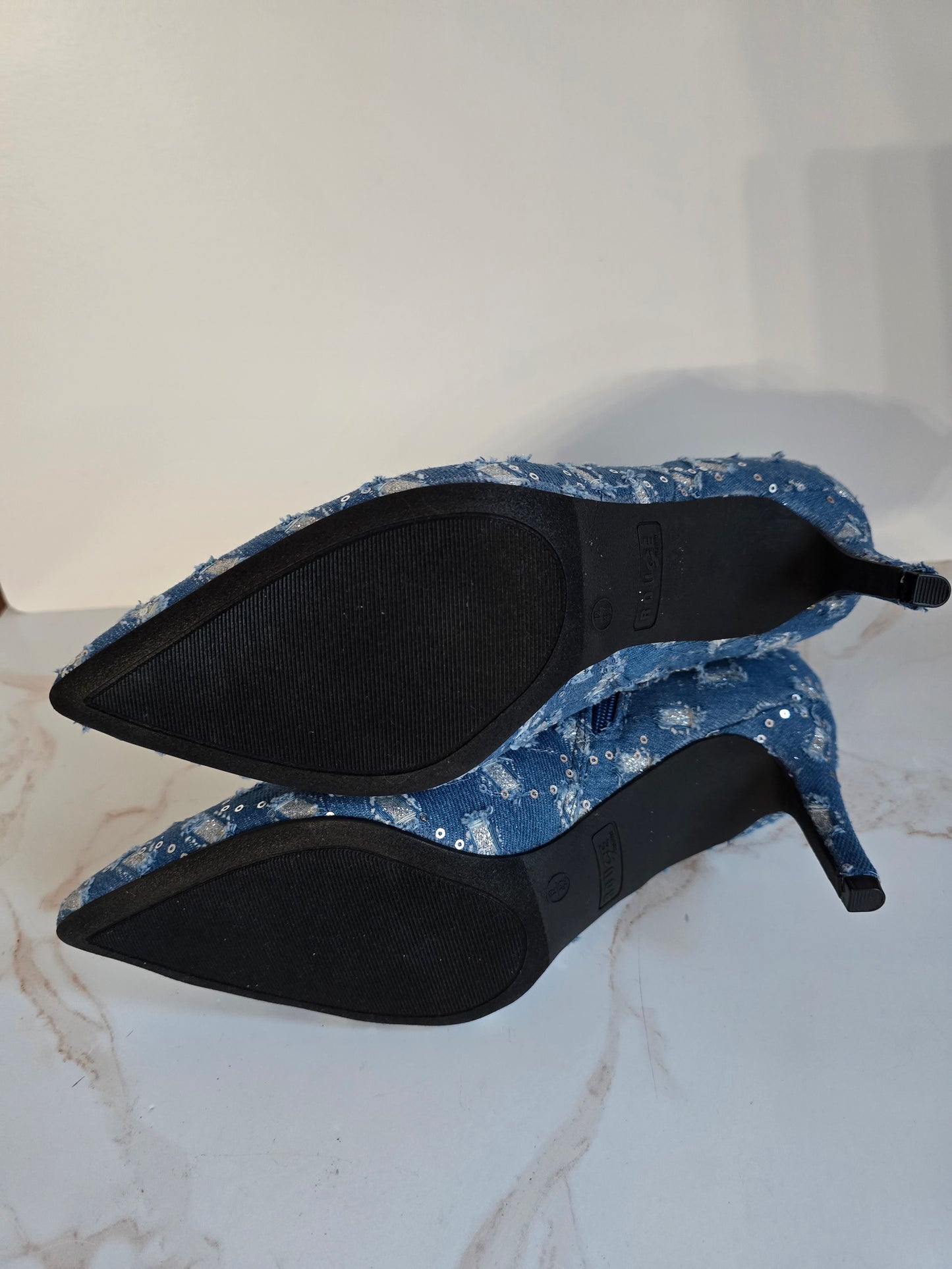Rouge Denim & Sequin Pointy Toe Ankle Boots Sz 12