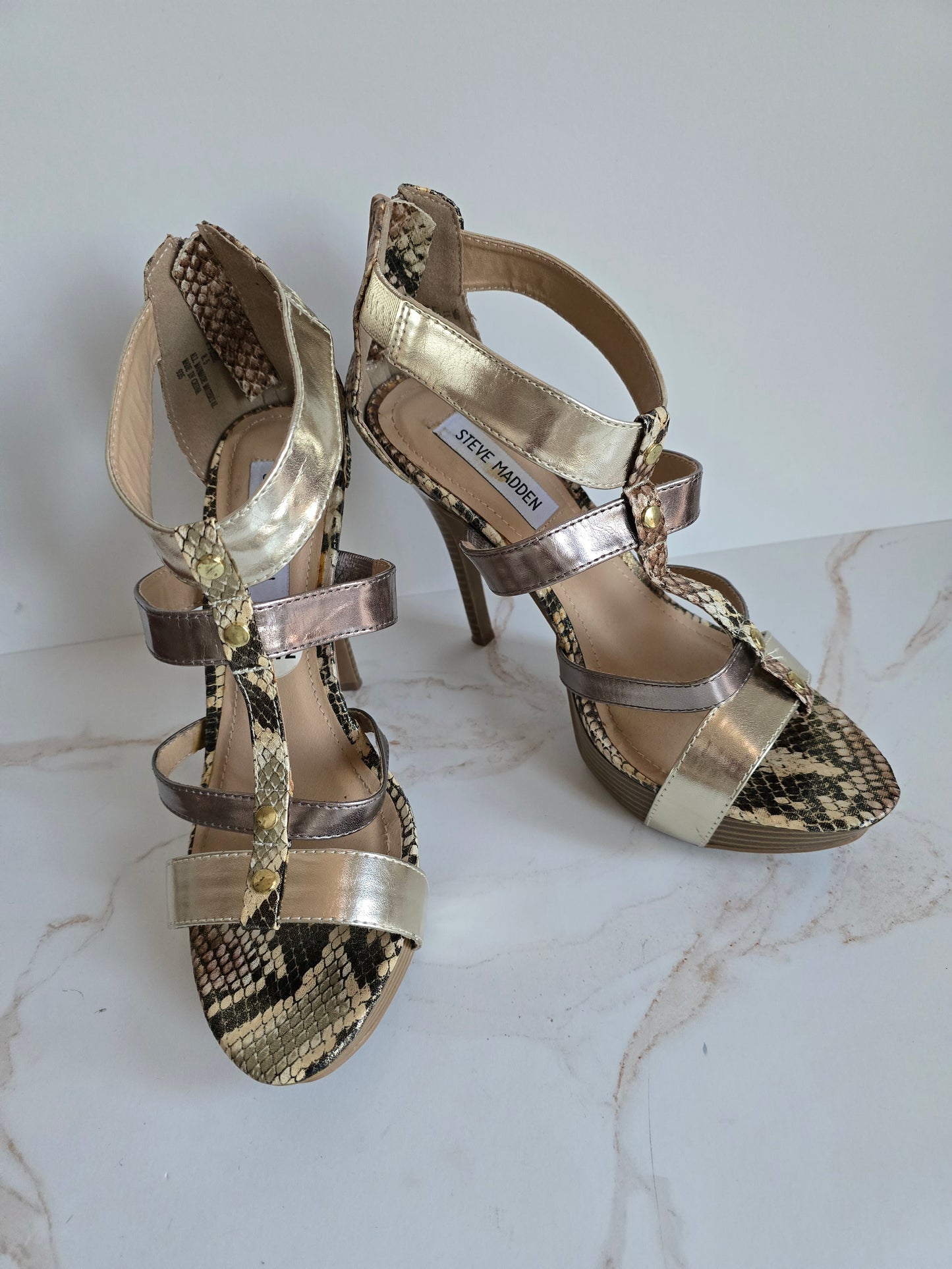 Steve Madden Possh Gold Metallic & Snakeskin Platform Stilettos Sz 8.5