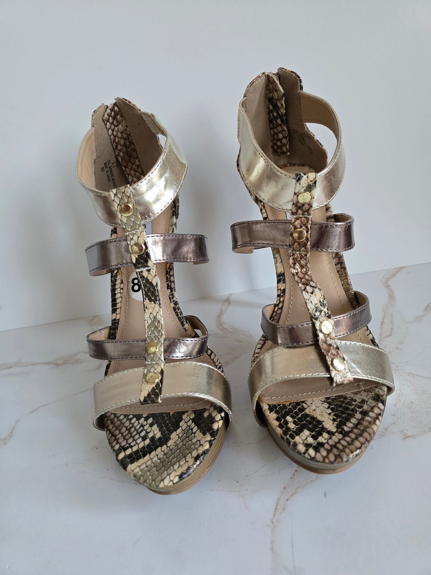Steve Madden Possh Gold Metallic & Snakeskin Platform Stilettos Sz 8.5