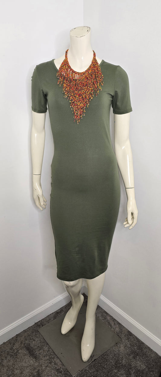 C-Mode Olive Fitted Midi Dress Sz S