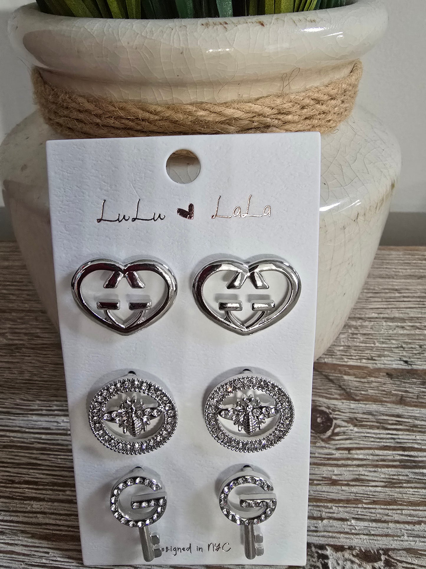 Heart, Bee, & Key Silver Trio Earrings Set