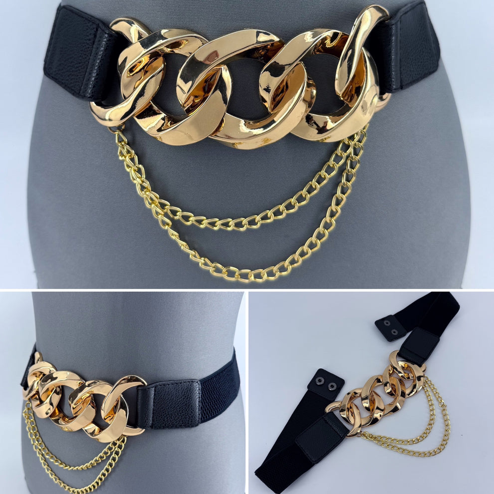 Gold & Black Chain Stretch Belt Fits Up To Sz 1X