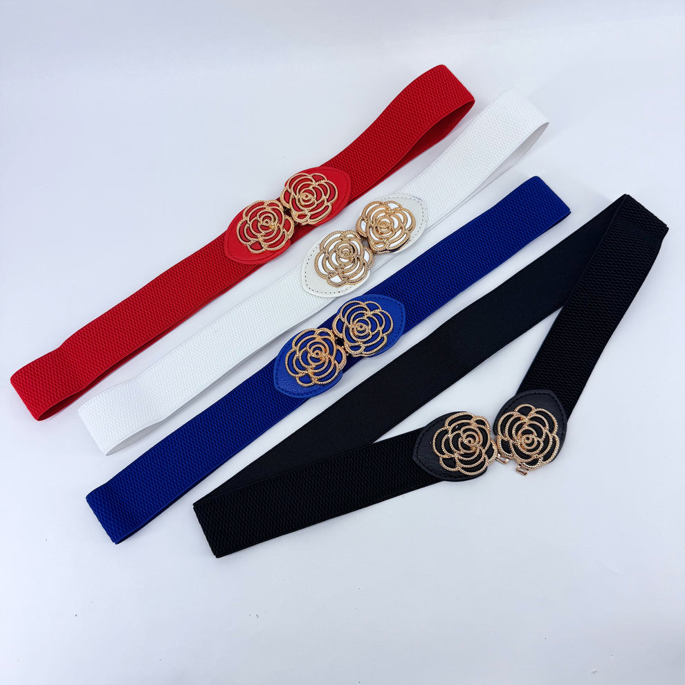 Black Flower Buckle Stretch Belt Fits Up To Sz 2X