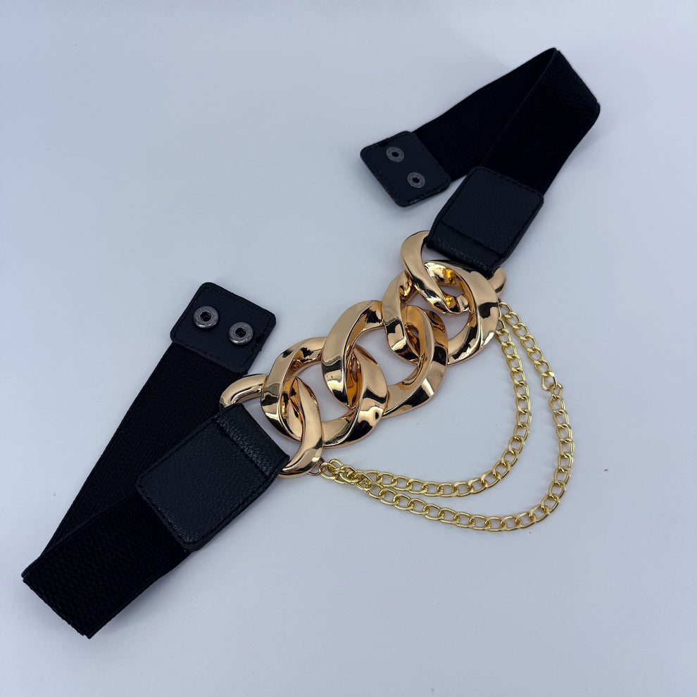 Gold & Black Chain Stretch Belt Fits Up To Sz 1X
