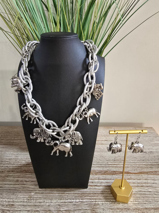 Elephant Charm Necklace Set Silver