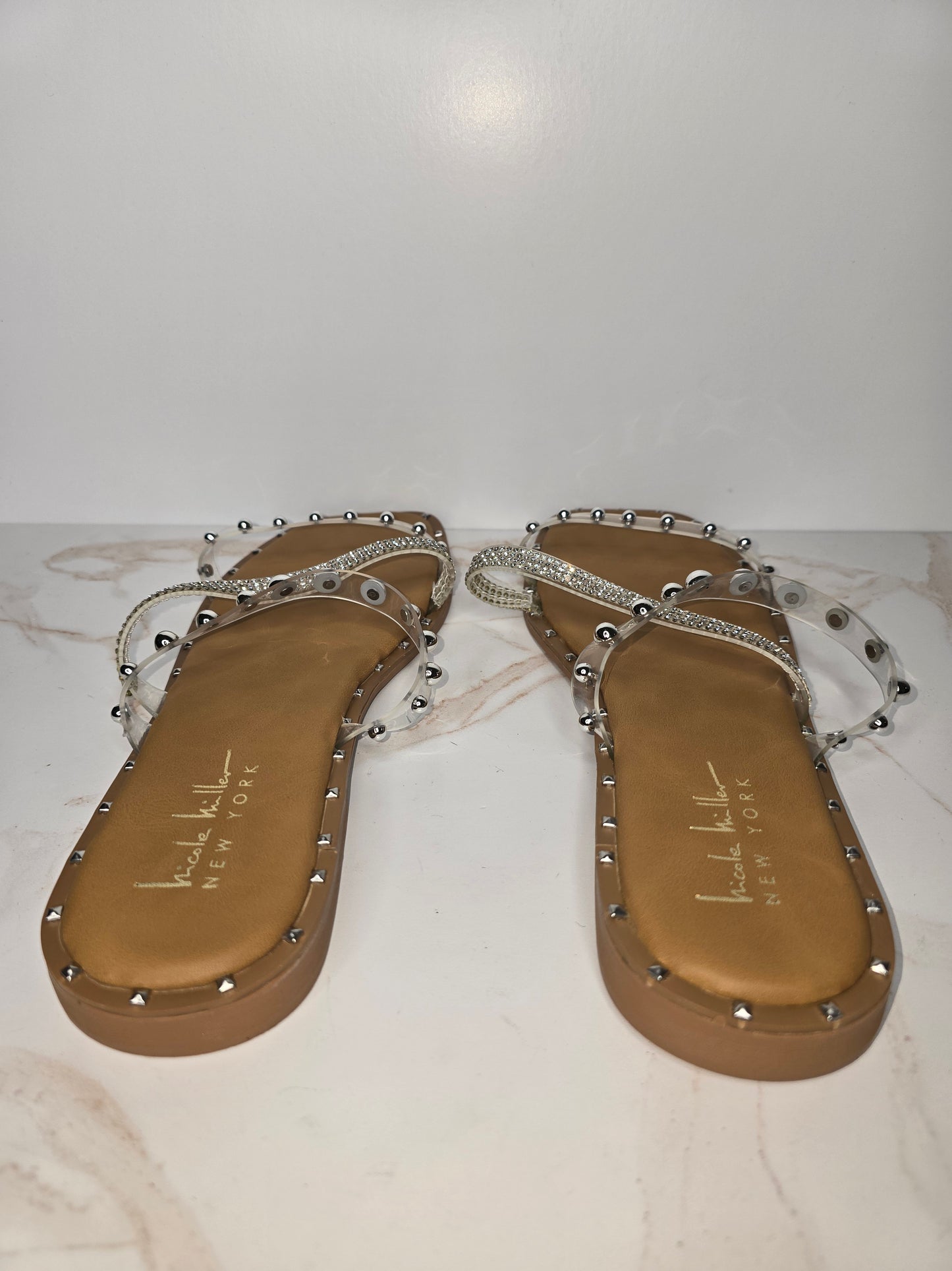 Nicole Miller Studded Clear Flat Sandals Sz 8