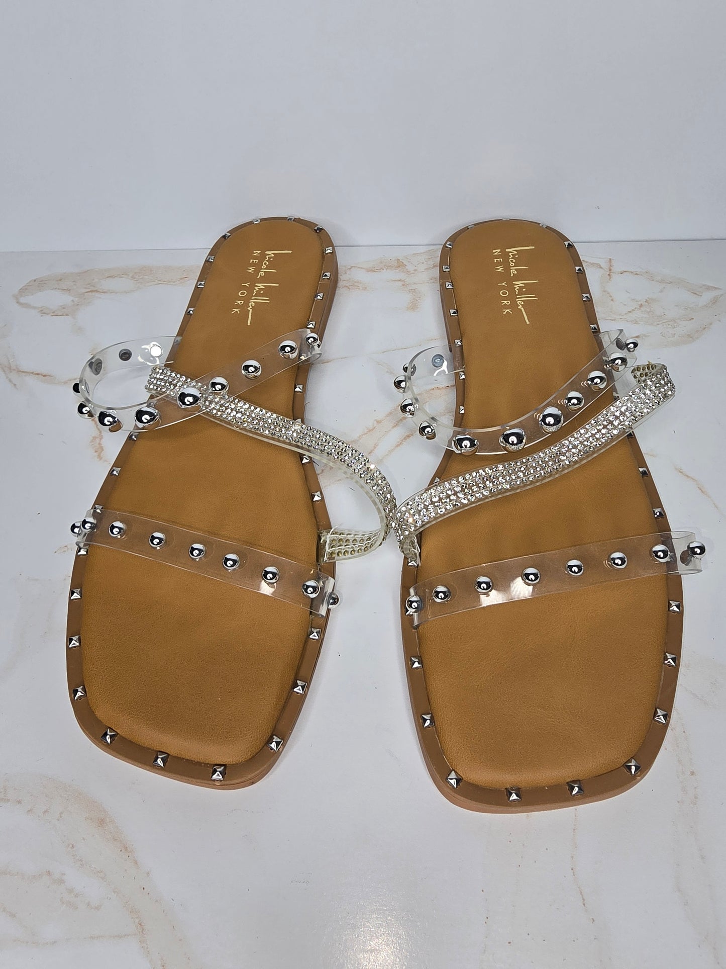 Nicole Miller Studded Clear Flat Sandals Sz 8