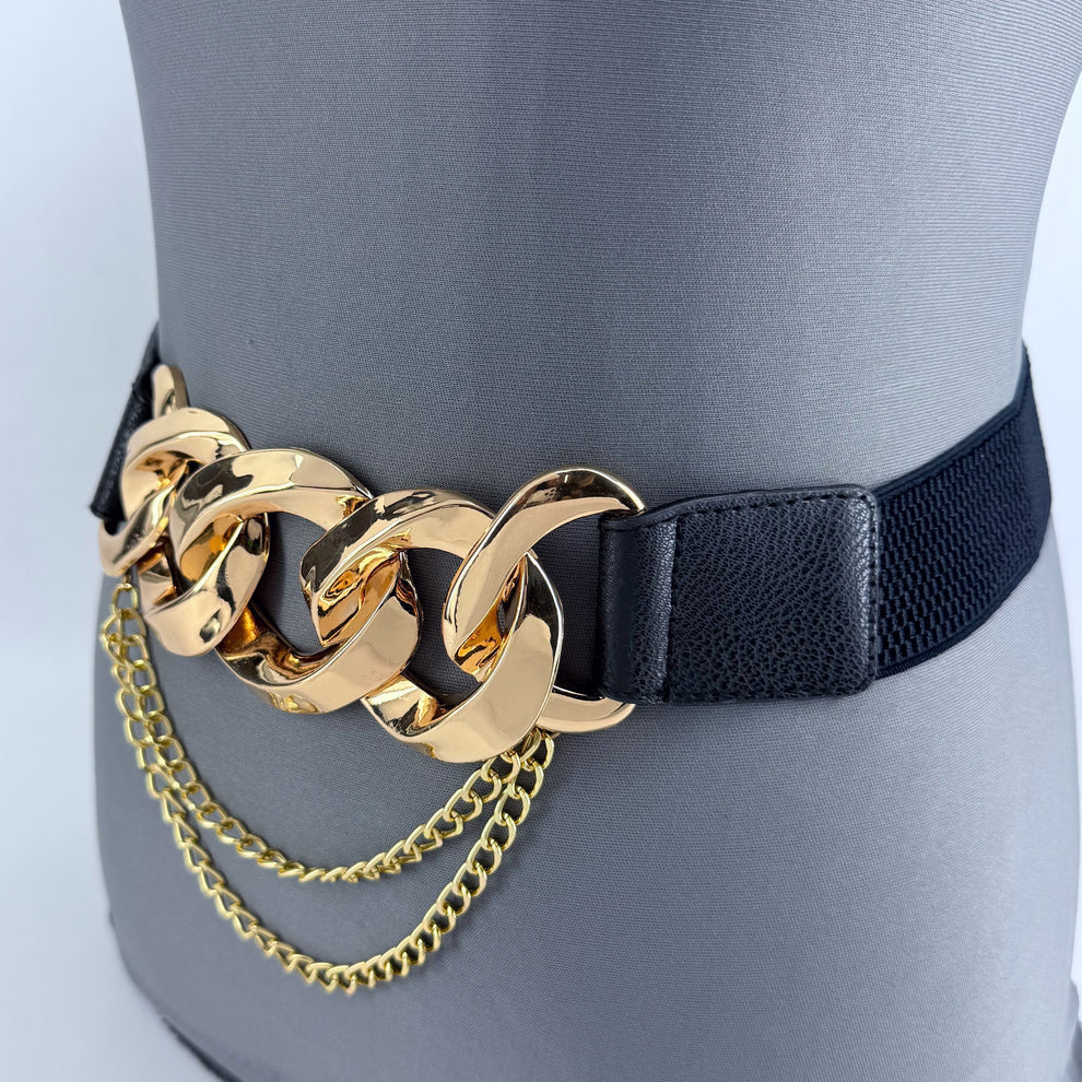 Gold & Black Chain Stretch Belt Fits Up To Sz 1X