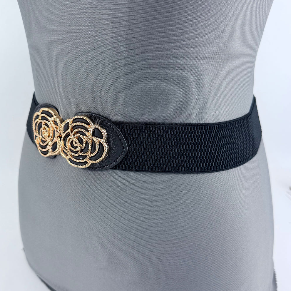 Black Flower Buckle Stretch Belt Fits Up To Sz 2X