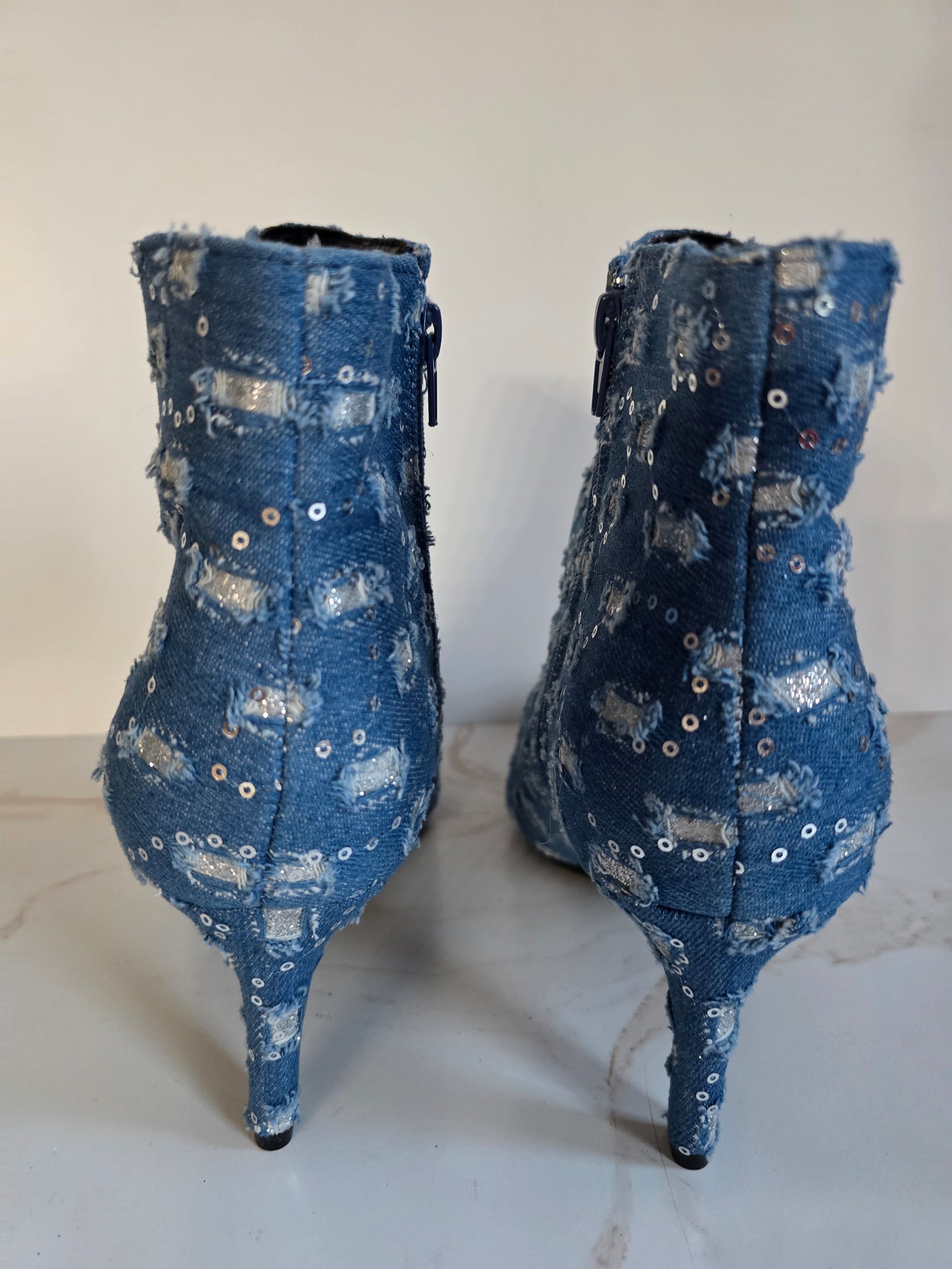 Rouge Denim & Sequin Pointy Toe Ankle Boots Sz 12