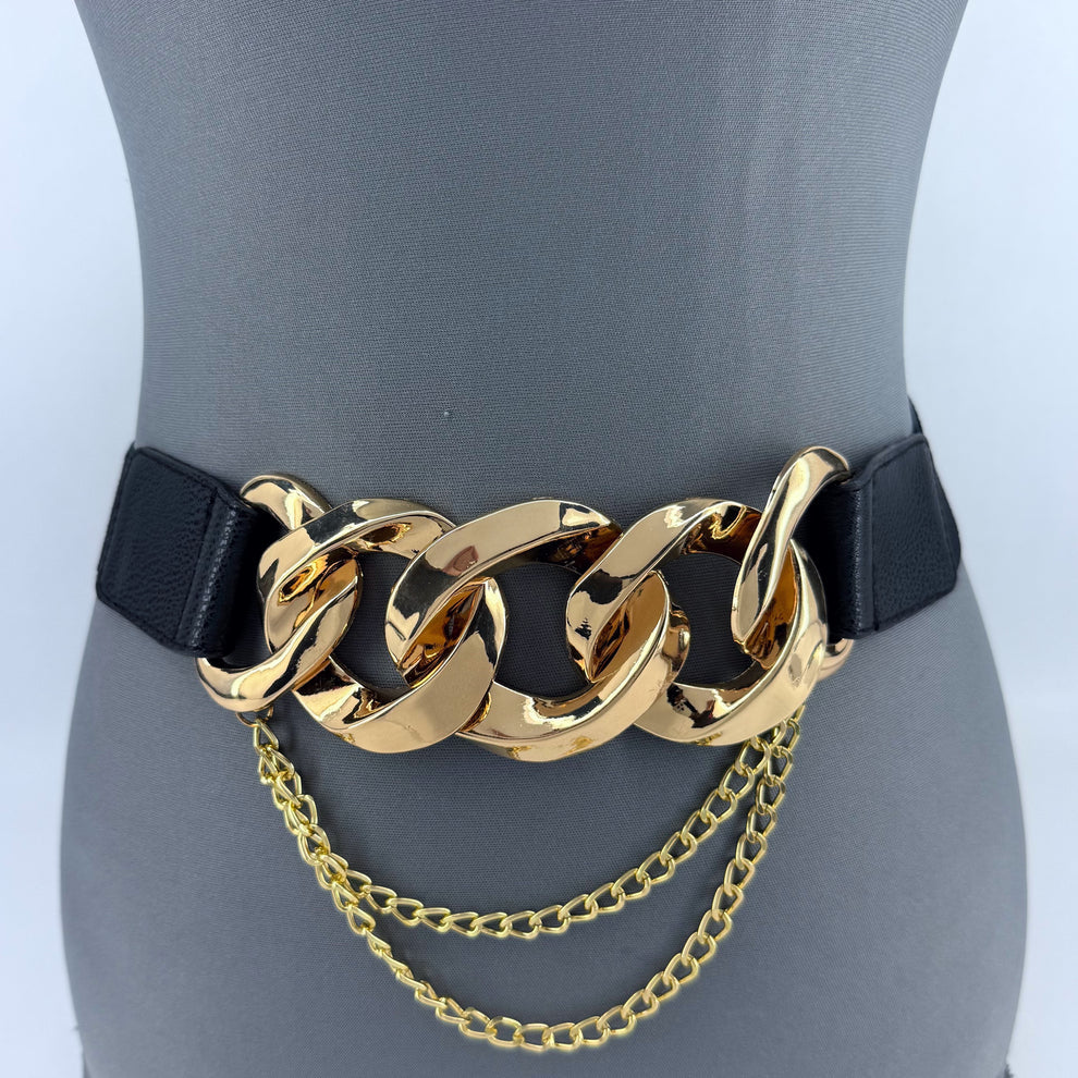 Gold & Black Chain Stretch Belt Fits Up To Sz 1X