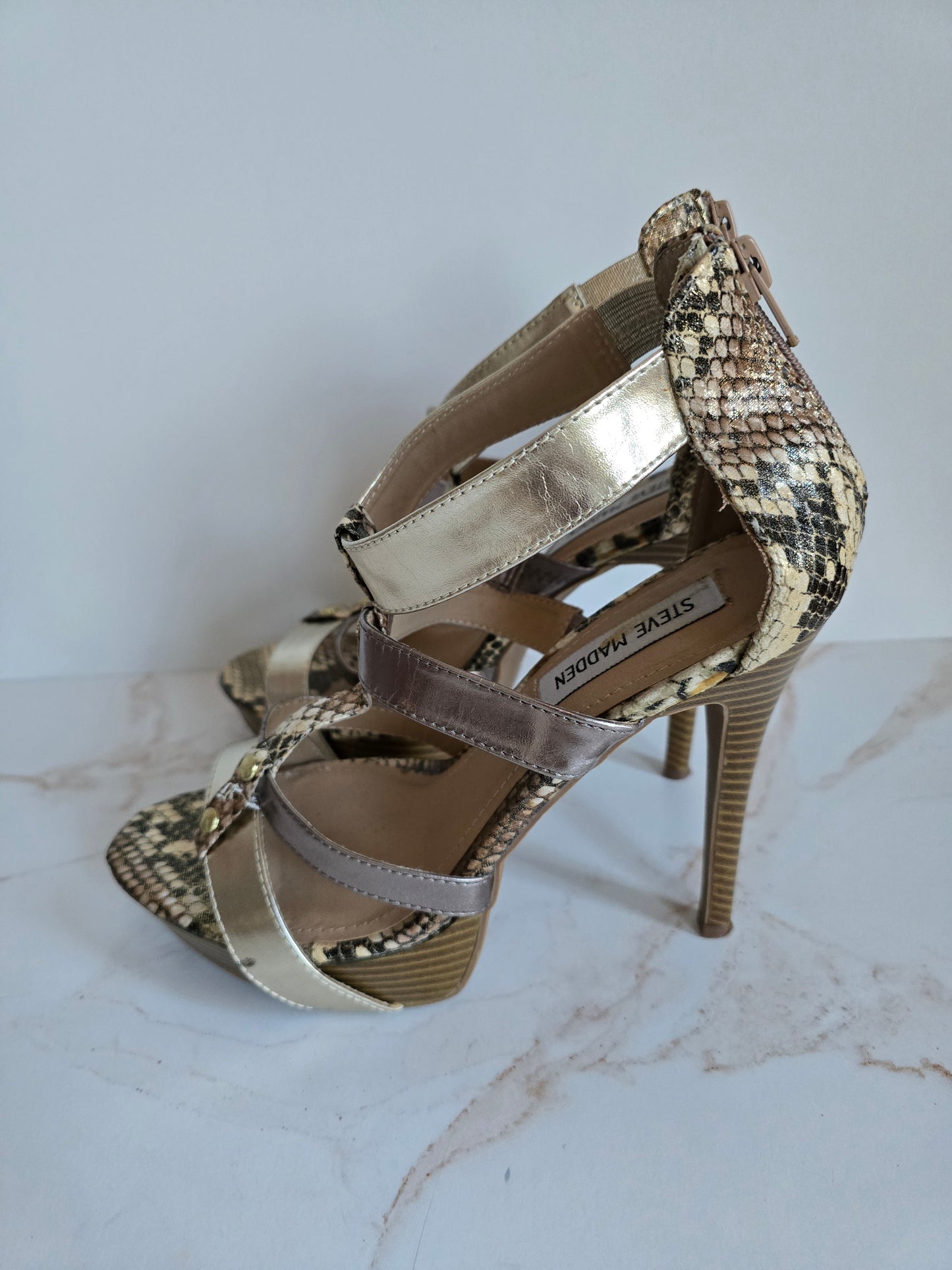 Steve Madden Possh Gold Metallic & Snakeskin Platform Stilettos Sz 8.5