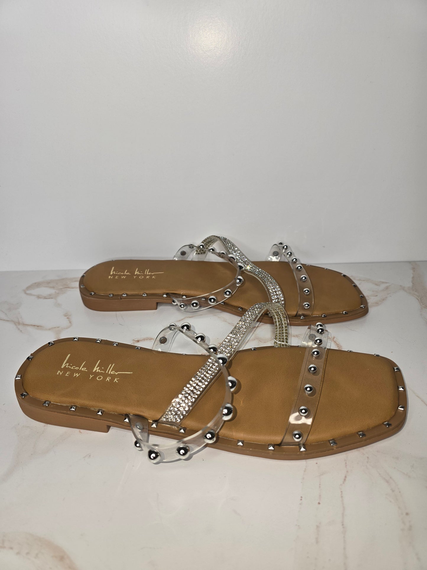 Nicole Miller Studded Clear Flat Sandals Sz 8