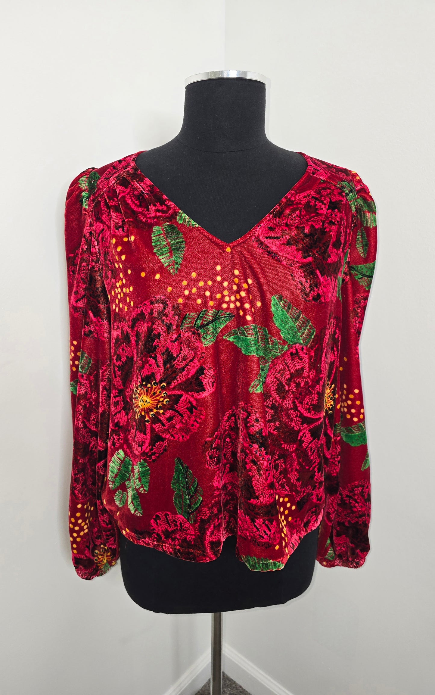 Maison d'Amelie Velvet Balloon Sleeve Floral Blouse Sz L