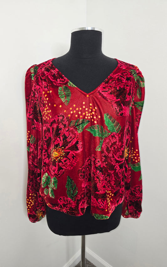 Maison d'Amelie Velvet Balloon Sleeve Floral Blouse Sz L