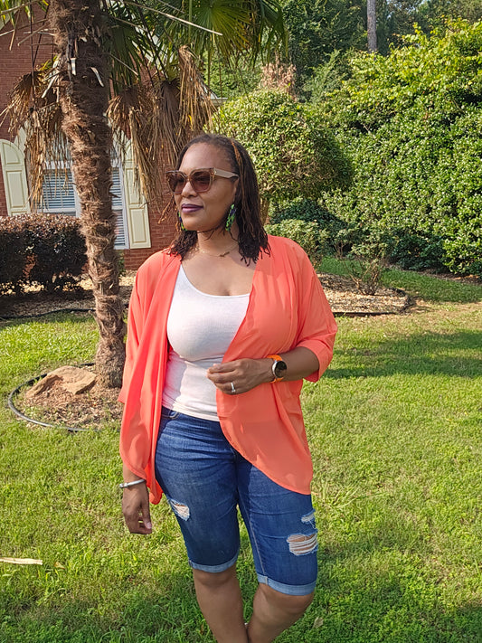 Chiffon Orange Kimono With Shoulder Pleat