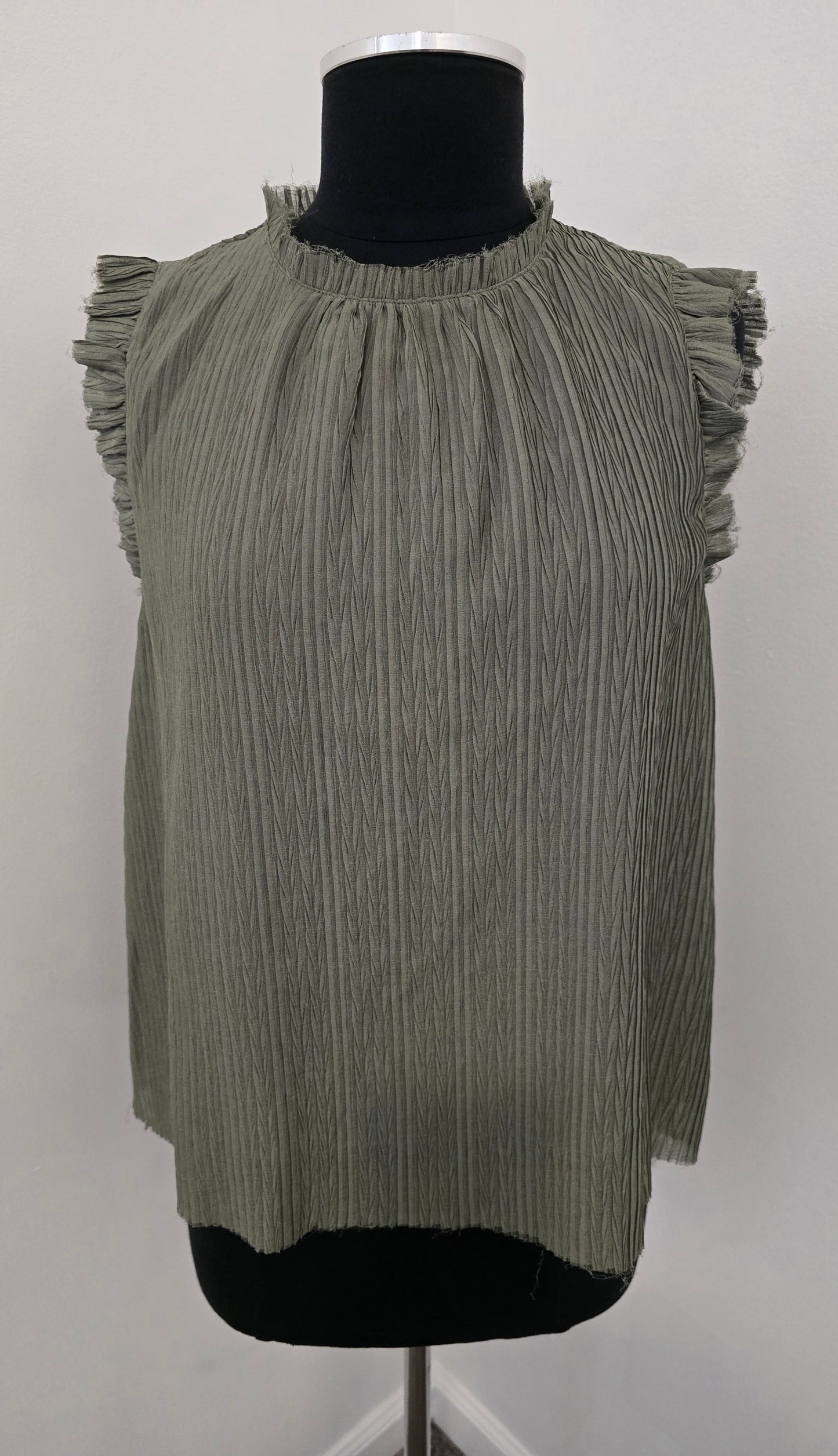 Semi Sheer Olive Ruffled Blouse Sz S (fits up to L)