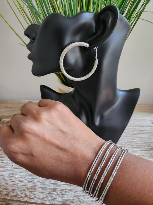 Silver Shimmery Hoop Earrings &  Silver Cuff Set