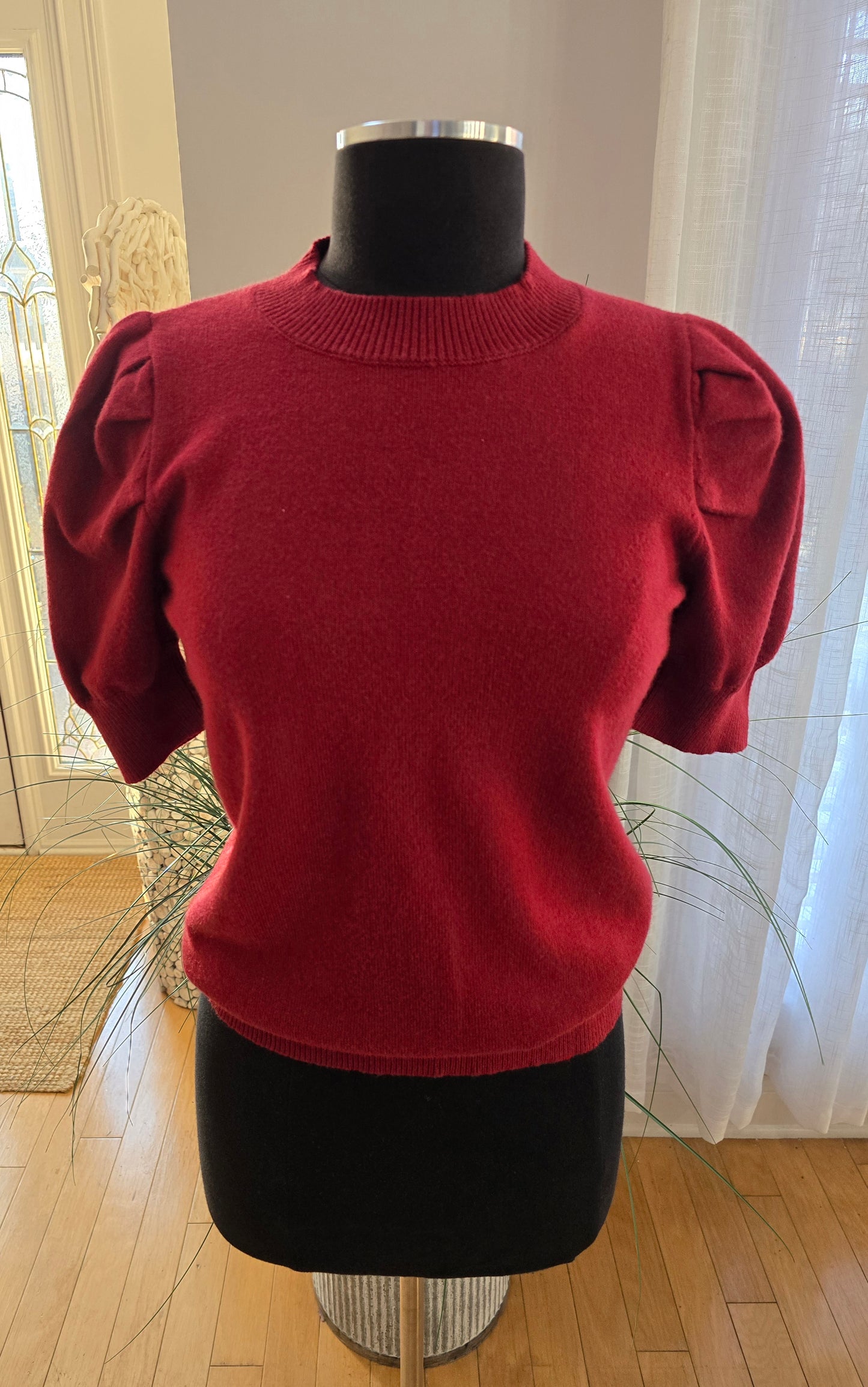 Puffed Short Sleeve Sweater Burgundy Sz S