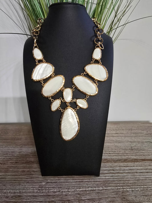 St. Thomas Hammered Brass & Irridescent Stone Bib Necklace