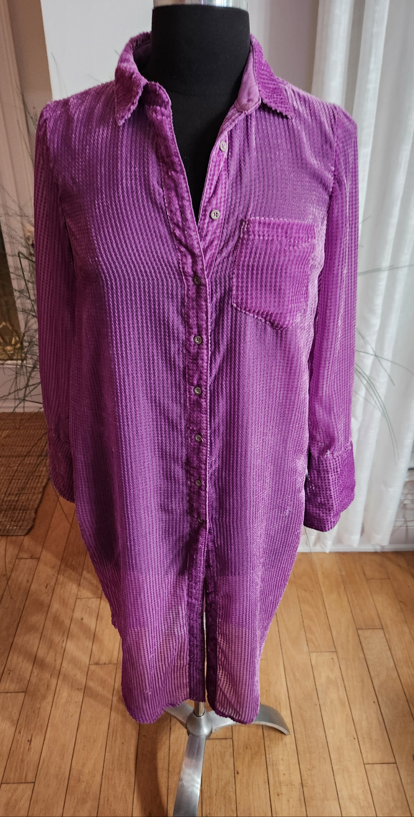 Anthropology Akemi + Kin Purple Velvet Striped Tunic Duster Sz XS