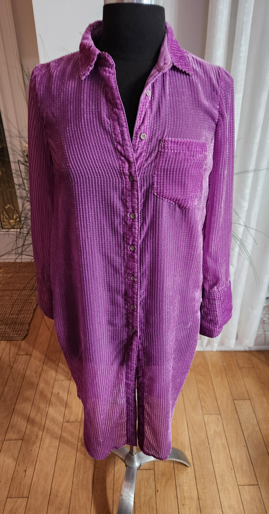 Anthropology Akemi + Kin Purple Velvet Striped Tunic Duster Sz XS