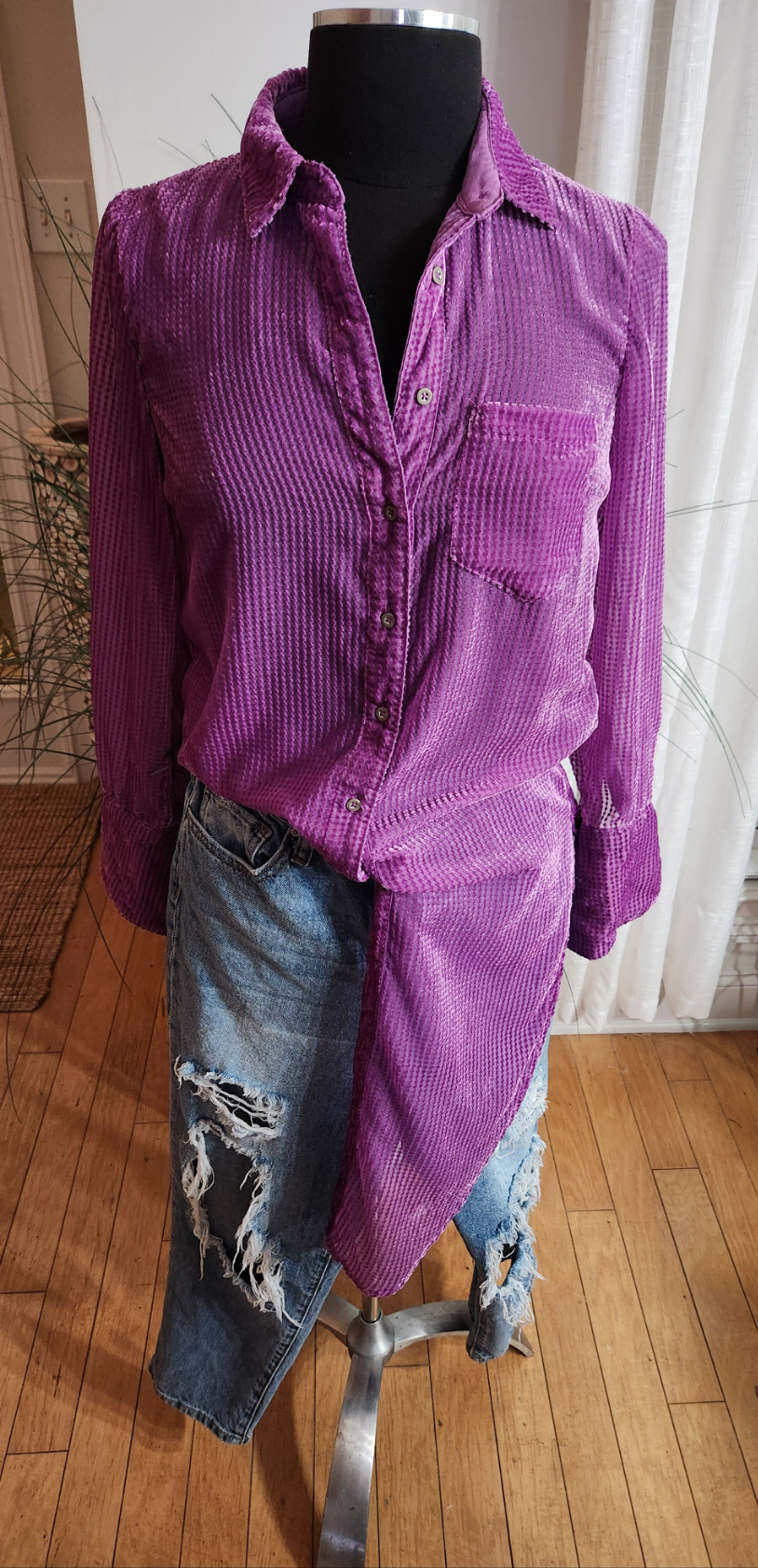 Anthropology Akemi + Kin Purple Velvet Striped Tunic Duster Sz XS