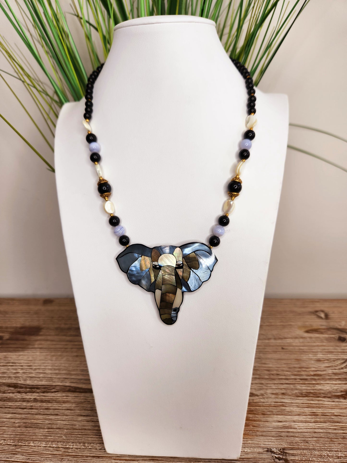 Lee Sands Mother of Pearl Inlay Elephant Necklace