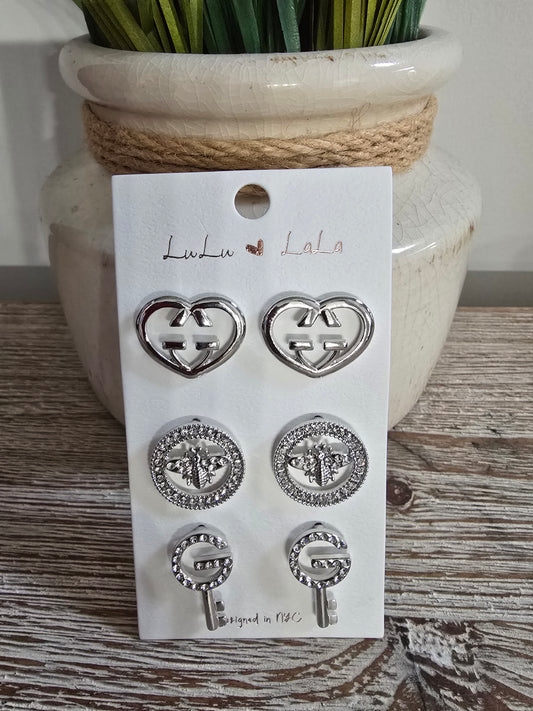 Heart, Bee, & Key Silver Trio Earrings Set