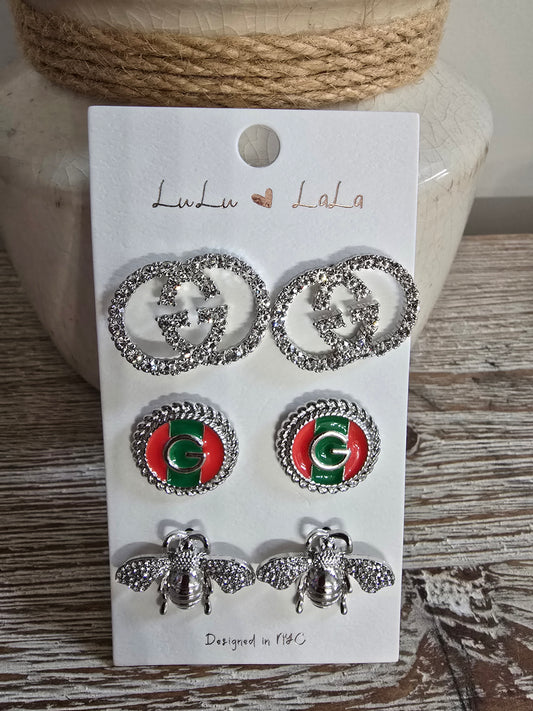 Gee & Bee Trio Silver Earrings Set