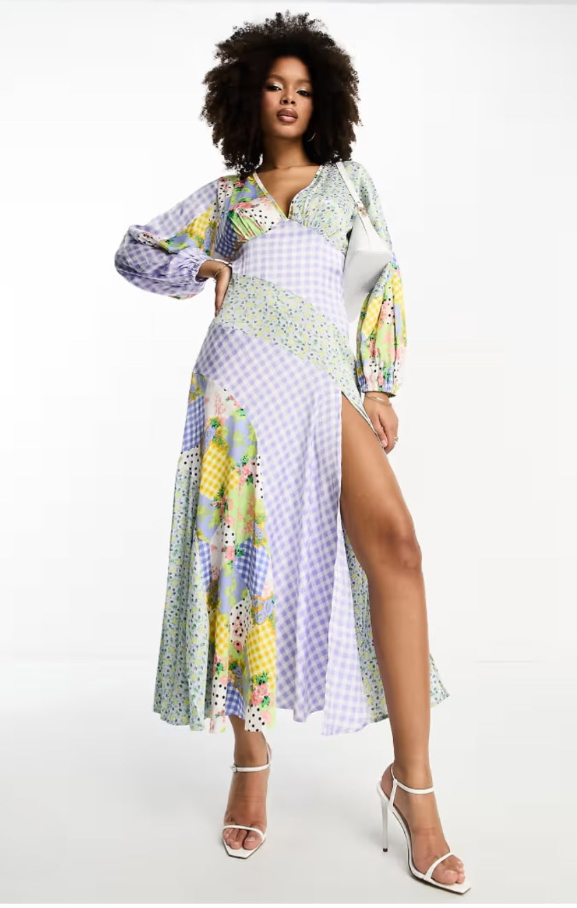 Asos Design Multi Print Dress With Split Sz 14