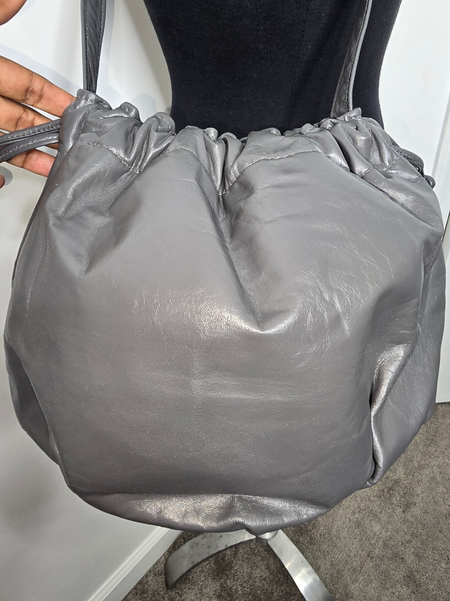 Vintage Embellished Grey Drawstring Handbag