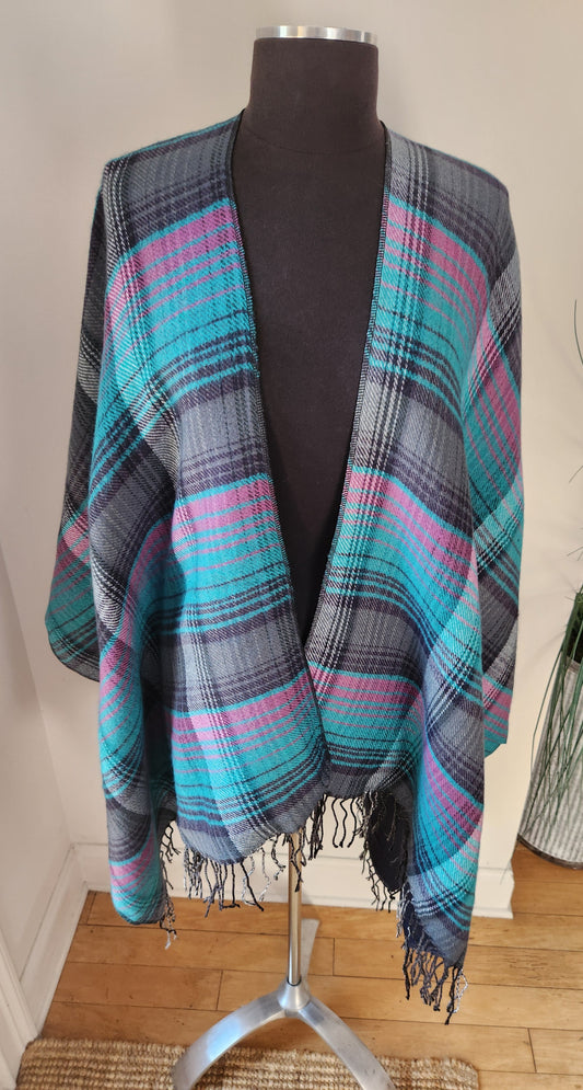 Plaid Turquoise & Purple Shawl One Size