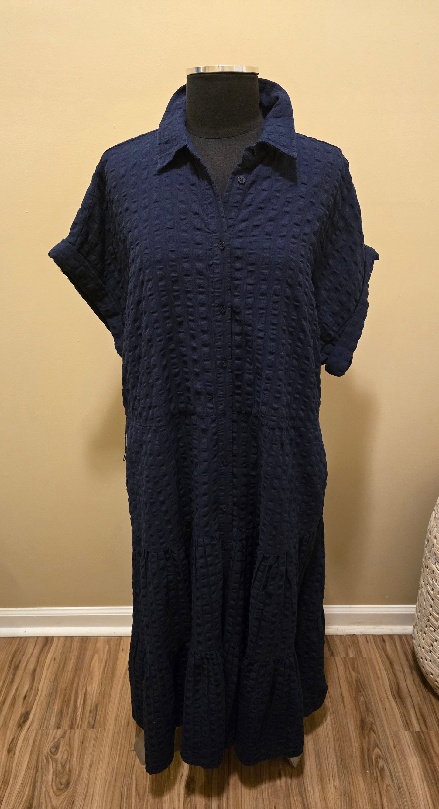 Designer Navy Gingham Cotton Dress Sz 18