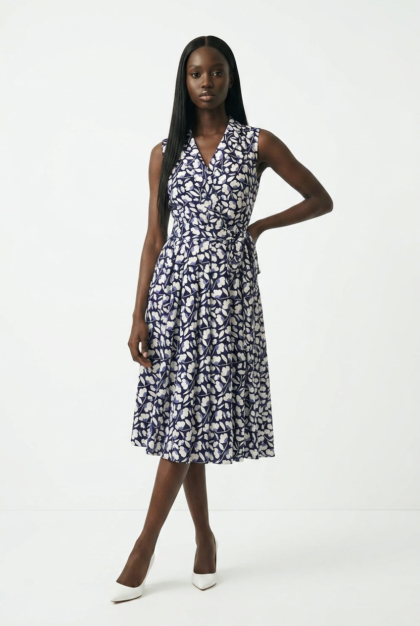 Navy Blue & White Faux Wrap Dress Sz 12