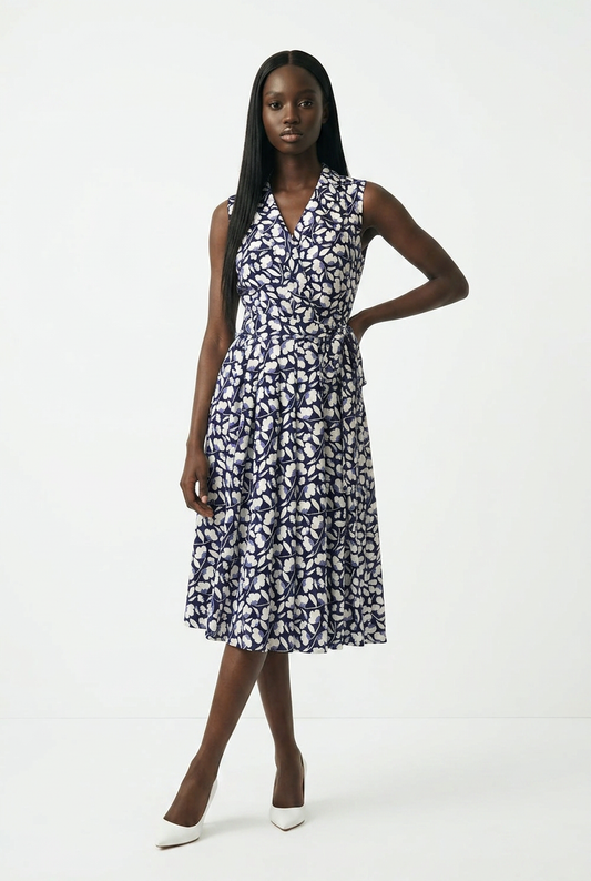 Navy Blue & White Faux Wrap Dress Sz 12
